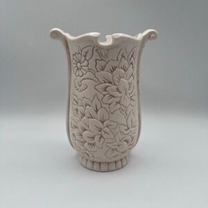 Red Wing Pottery USA 1182 Ivory Floral Embossed Vase 7" Vintage Art Pottery